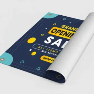 Rolled vinyl banner with metal grommets for hanging display