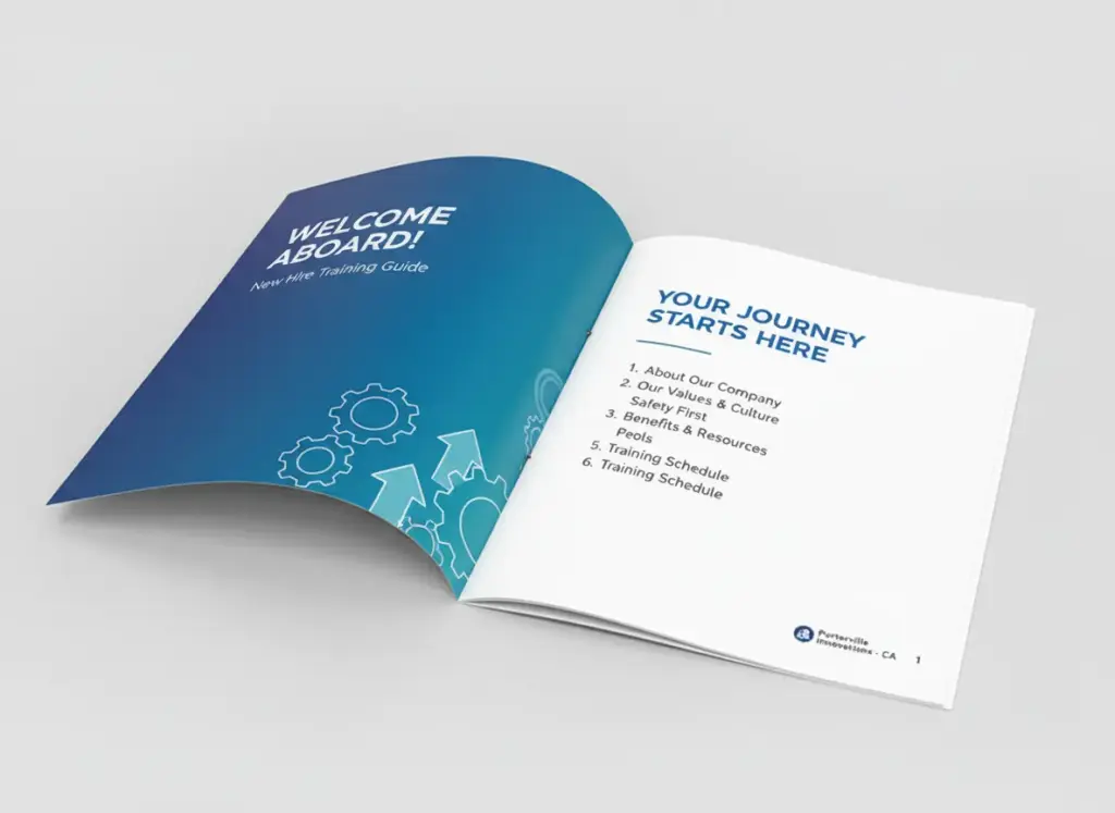 Open saddle stitched training booklet showing cover and interior page layout