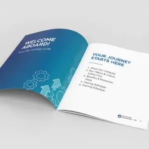 Open saddle stitched training booklet showing cover and interior page layout