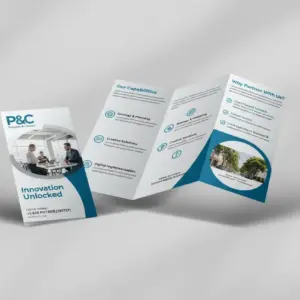 Tri fold business brochure shown folded and fully opened