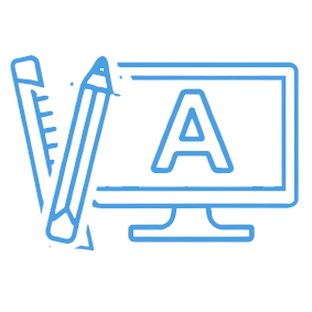 Icon of computer monitor with letter A and pencil representing graphic design