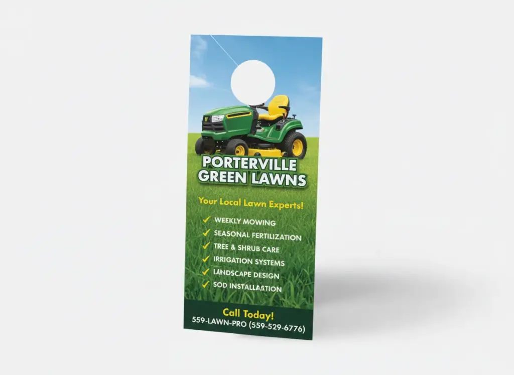 Green lawn service door hanger featuring mowing and landscaping services with space for a door knob cutout