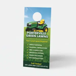 Green lawn service door hanger featuring mowing and landscaping services with space for a door knob cutout