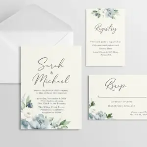 Wedding invitation set with envelope, RSVP card, and registry insert featuring floral design