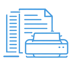Icon of printer with stacked printed pages representing printing services