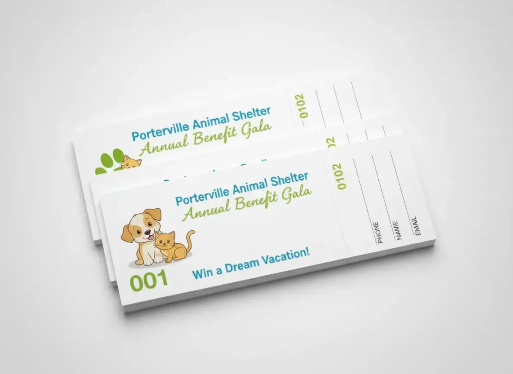 Stack of numbered benefit gala tickets with perforated tear off entry stubs