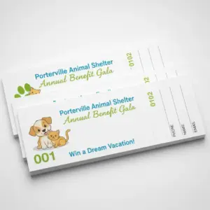 Stack of numbered benefit gala tickets with perforated tear off entry stubs