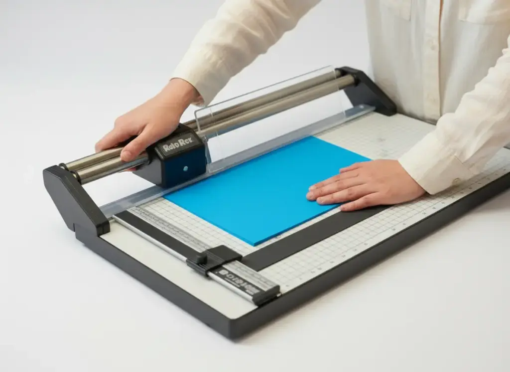 Person trimming a sheet of blue paper using a manual paper cutter