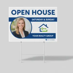 Corrugated open house yard sign mounted on metal stake frame